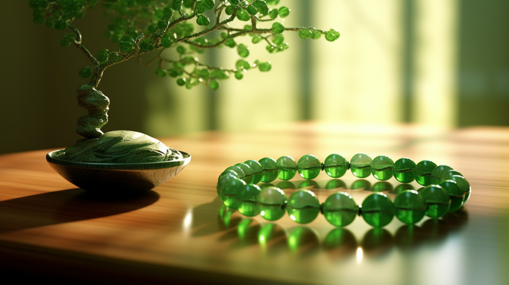 A green crystal bracelet and a Feng Shui tree made of green crystals