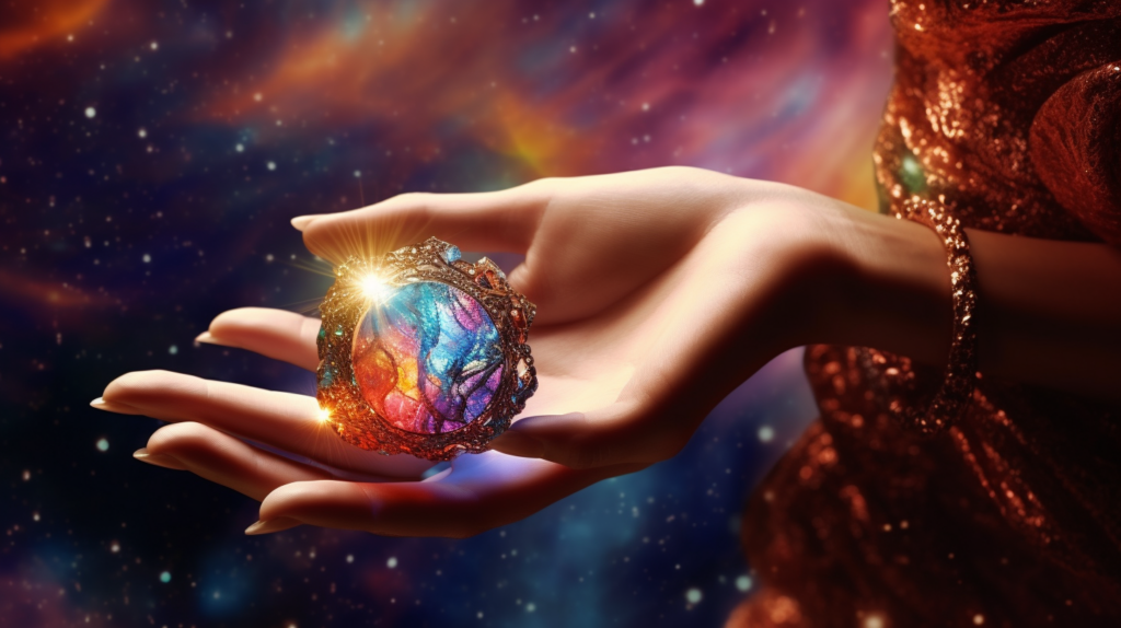 A hand gently holding a radiant multi colored gemstone