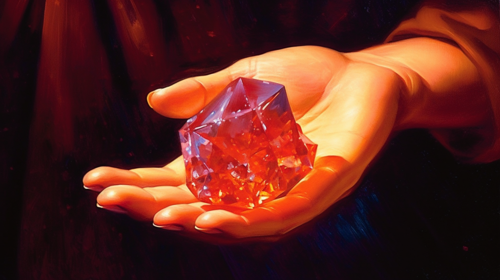 A hand holding a glowing red crystal
