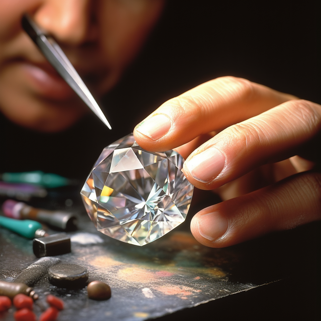 A large perfectly cut diamond held by a jewelers gloved hand
