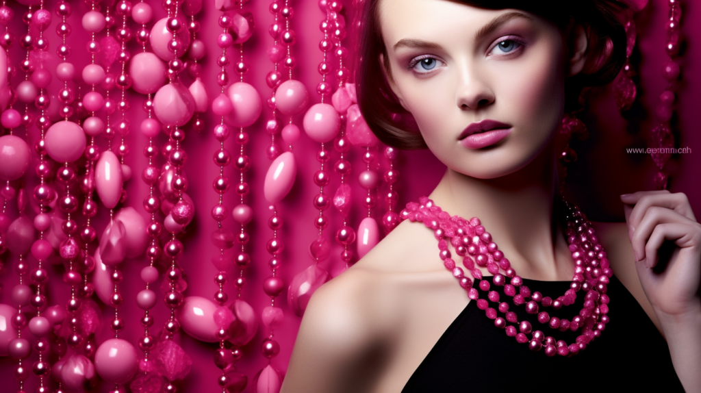 A model wearing a piece of jewelry with a prominent pink gemstone