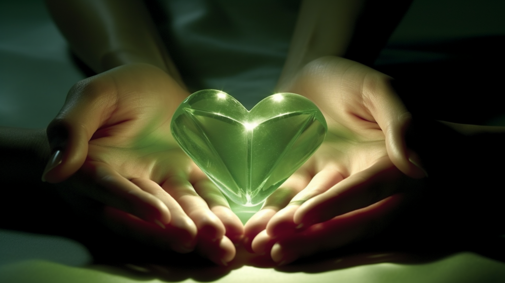 A pair of hands holding a green crystal over the heart area of a person lying down