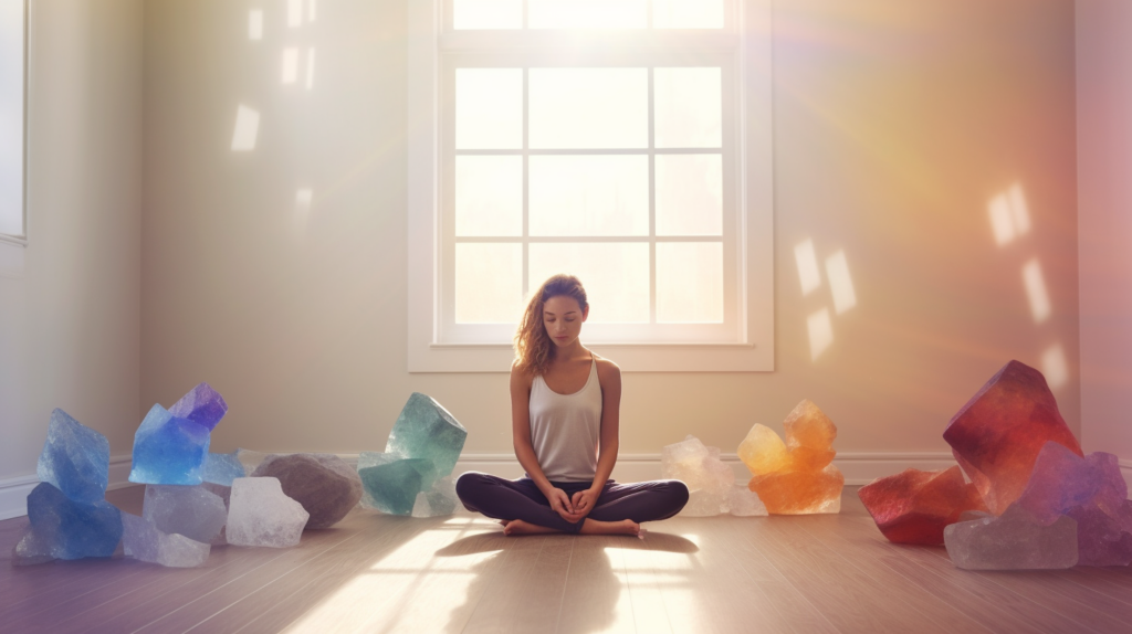 A person in a meditative pose surrounded by different colored crystals 1