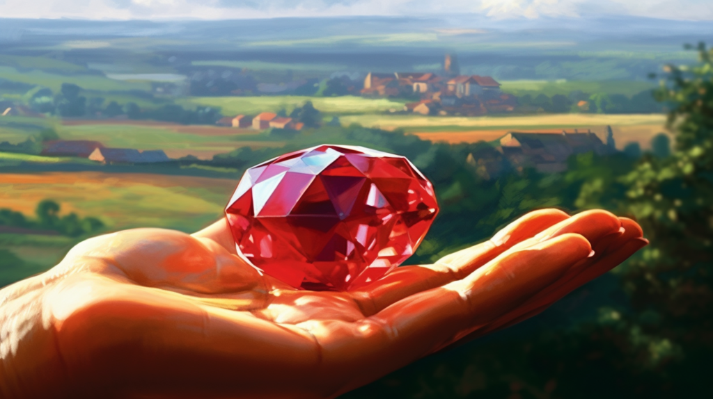 A persons hand holding a beautiful ruby