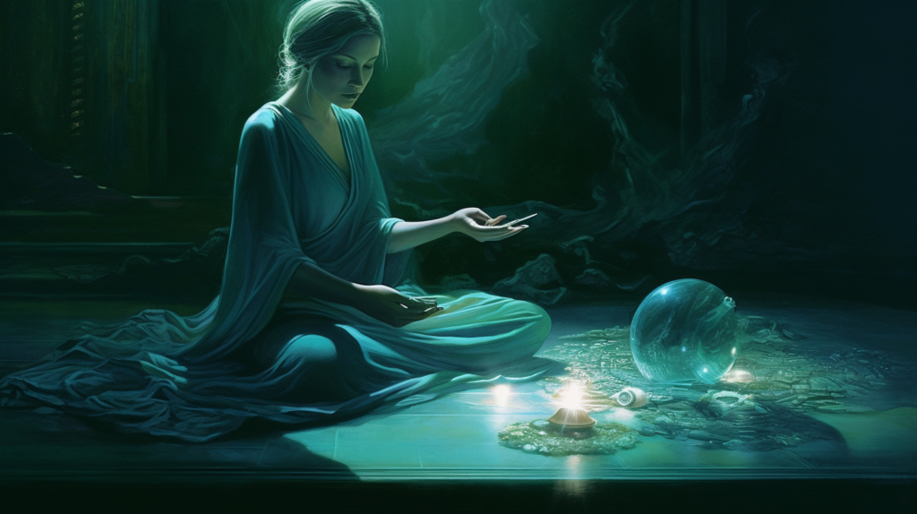 A scene depicting a woman meditating with teal crystals