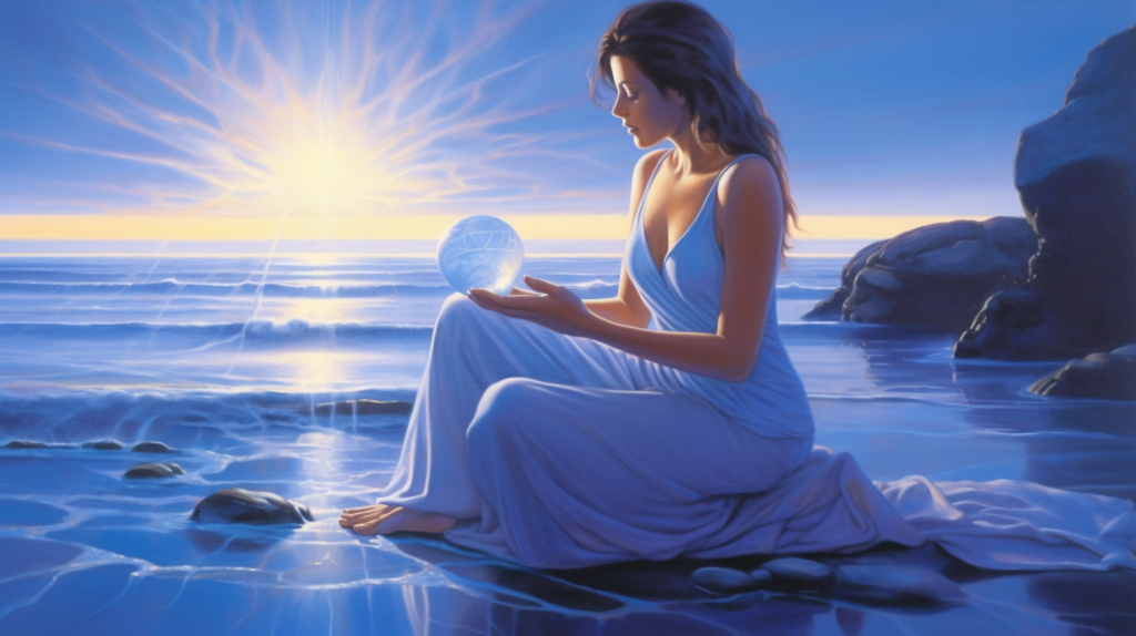 A tranquil scene of a woman meditating with a radiant blue crystal in her open palm