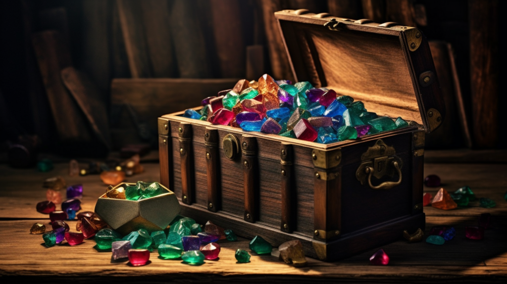 A treasure chest overflowing with colored gemstones like green emeralds pink sapphires and purple amethyst