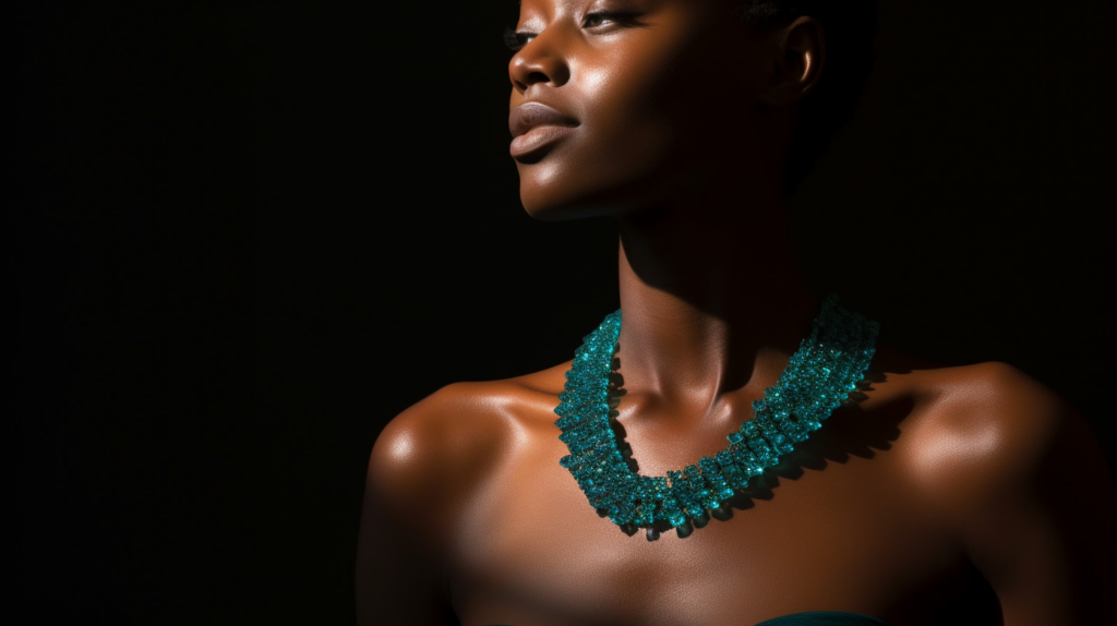 A woman standing with a teal crystal necklace around her neck conveying empowerment