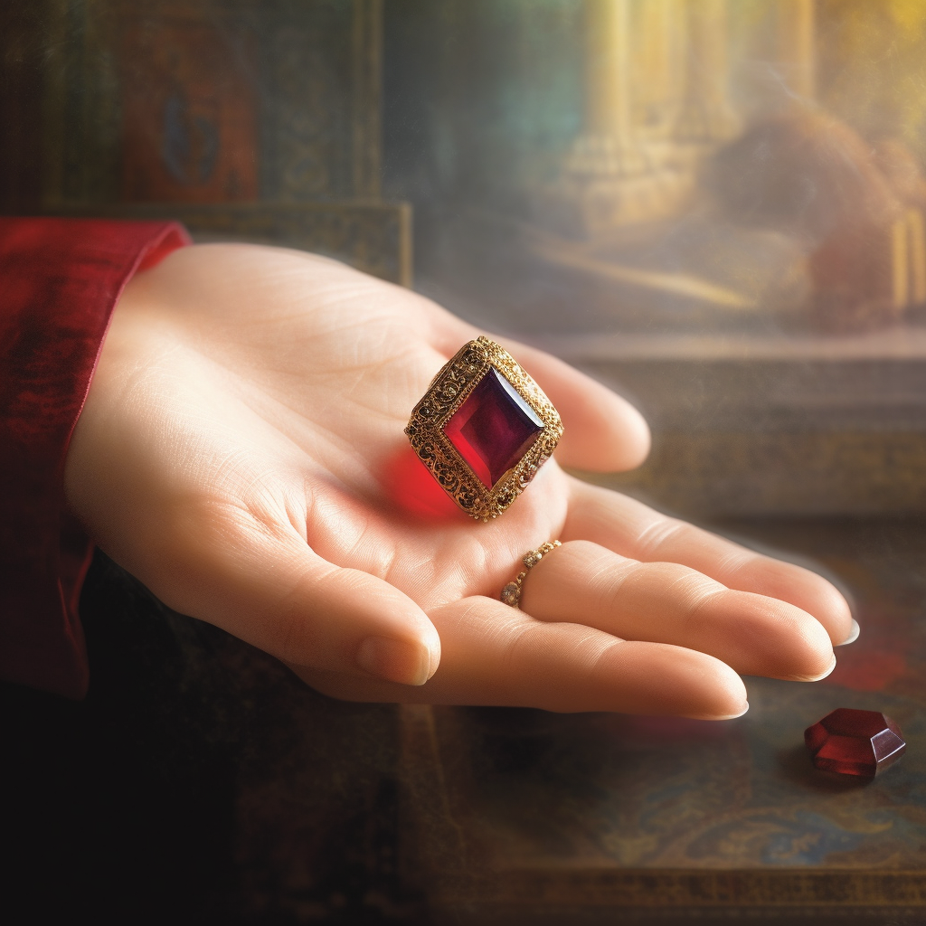 A womans hand holding a vibrant red ruby
