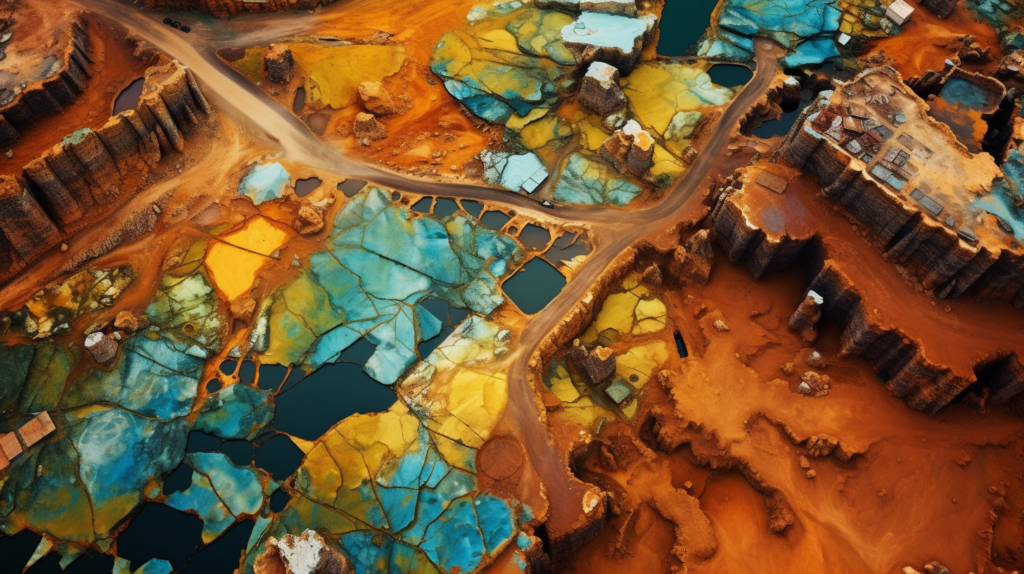 An aerial image of a vibrant open pit gemstone mine