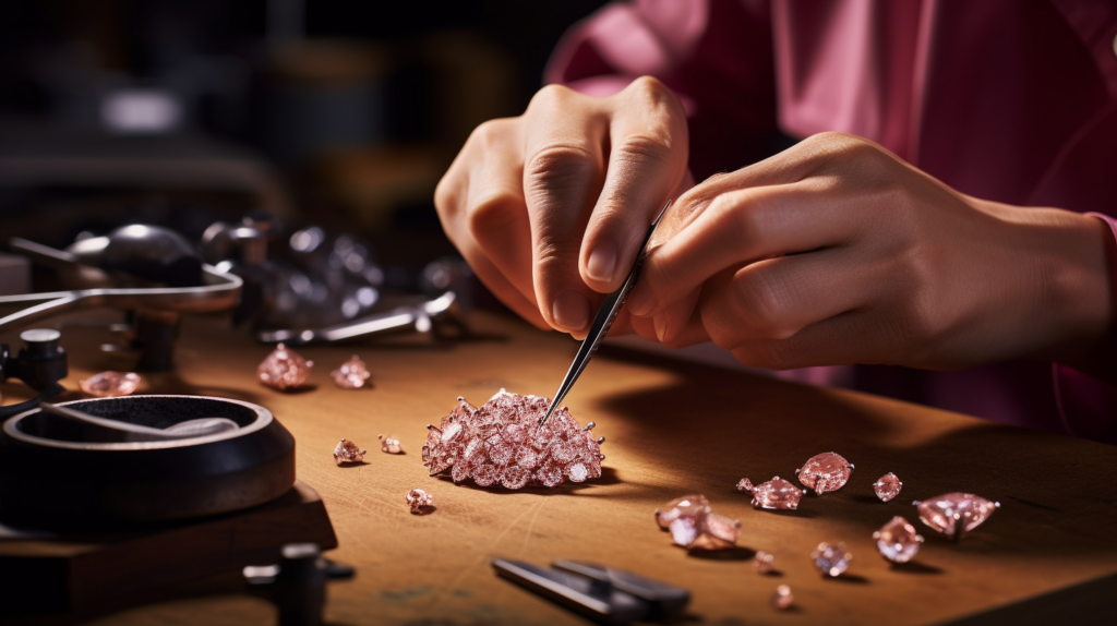 An artisan’s hands carefully placing the Pink Star Diamond into a modern jewelry piece