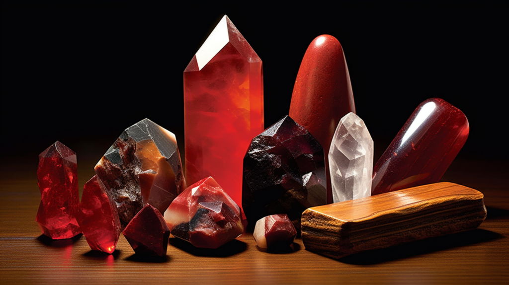 An assortment of red crystals Red Jasper Garnet Ruby and Red Tourmaline
