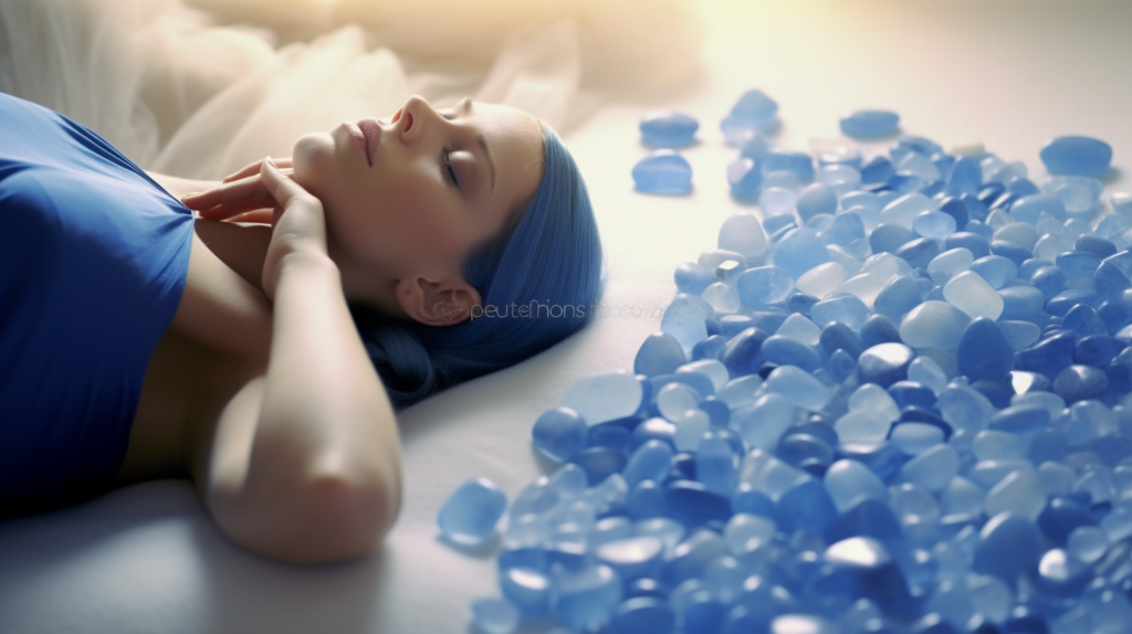 An individual laying on a white mat with blue crystals placed on their throat chakra