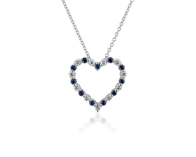 Floating Blue Sapphire And Diamond Heart Shaped Pendant In 14k White Gold 1.7mm