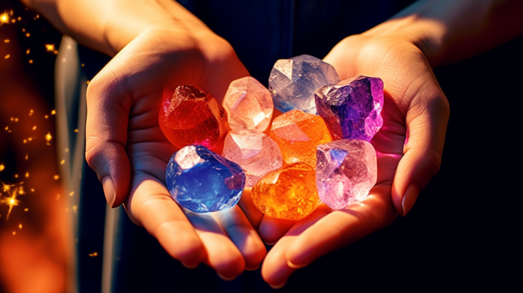 Hands holding various colored chakra crystals