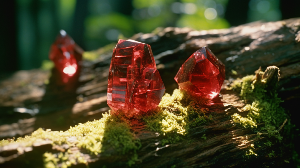 Red crystals arranged on a tree stump in a forest