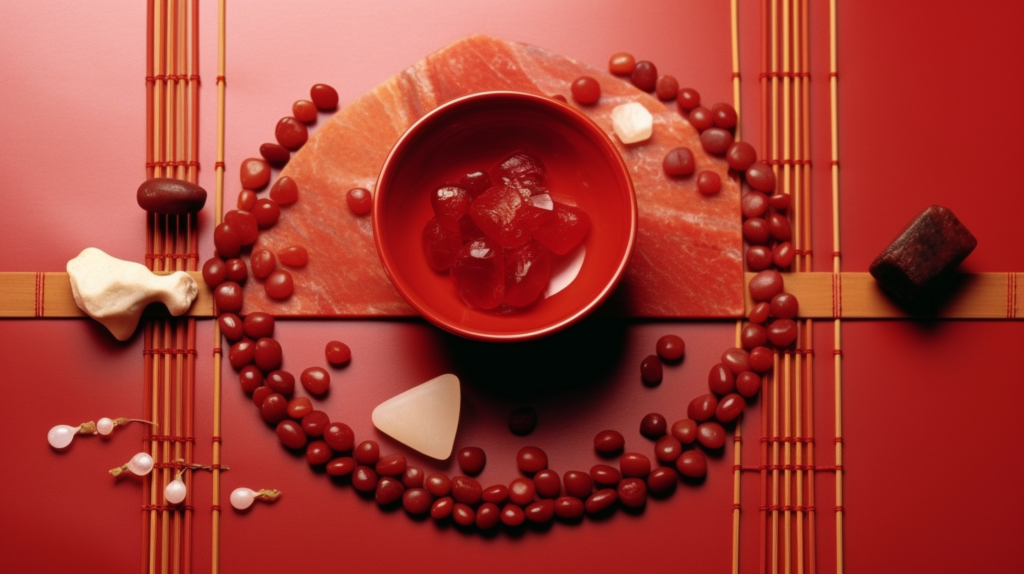 Red crystals placed on a Feng Shui Bagua map