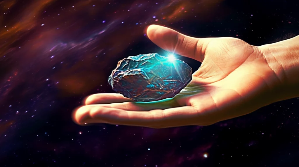 A Person holding a turquoise gem against a vibrant galaxy