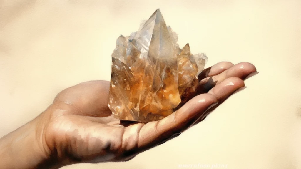 A brown crystal held in a human palm