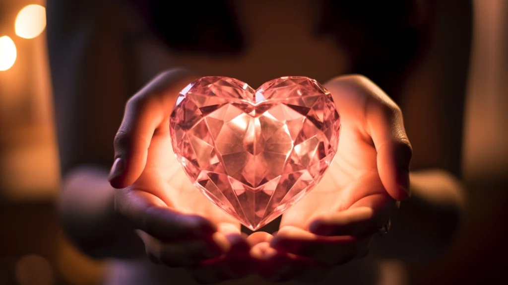 A human hand holding a pink crystal over the heart