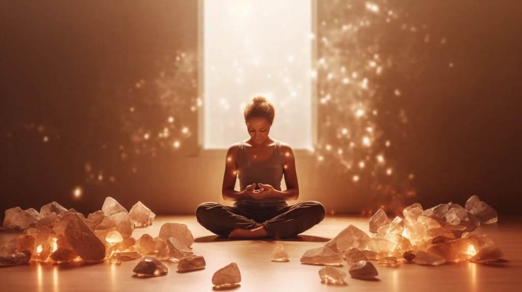 A meditating person surrounded by various brown crystals