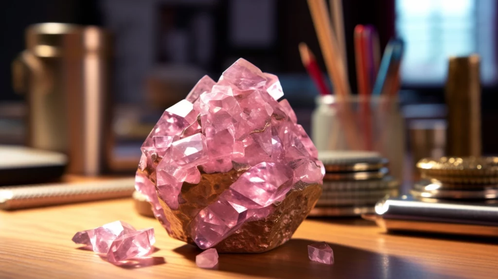 A pink crystal cluster against a backdrop of coins and currency notes