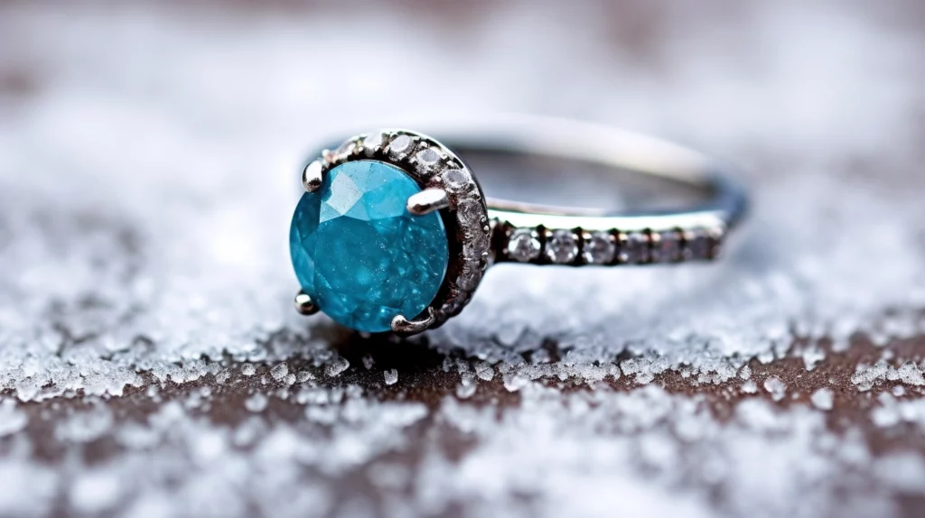 A turquoise birthstone encrusted ring snowy background symbolizing December