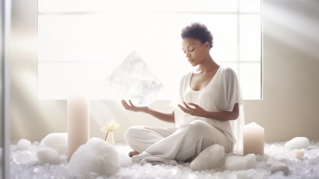 A woman meditating with a white crystal in hand