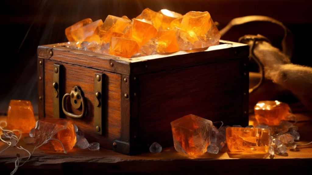 An antique wooden box filled with a variety of orange crystals