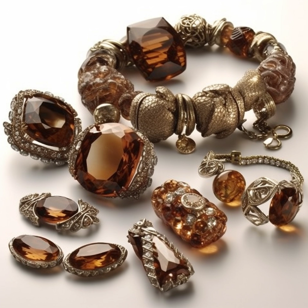 An array of brown crystal jewelry pieces
