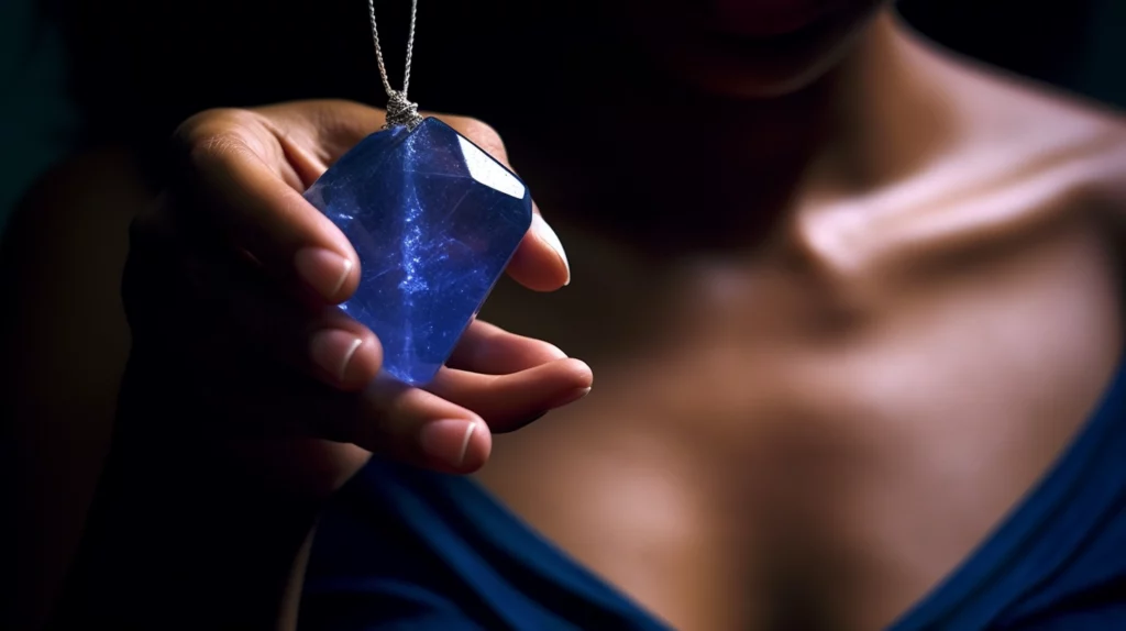 An indigo crystal placed on a persons chest symbolizing the healing properties
