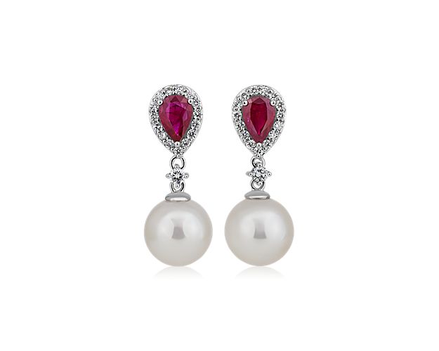 Classic Akoya Cultured Pearl Drop Earrings With Ruby And Diamond Detail In 14k White Gold