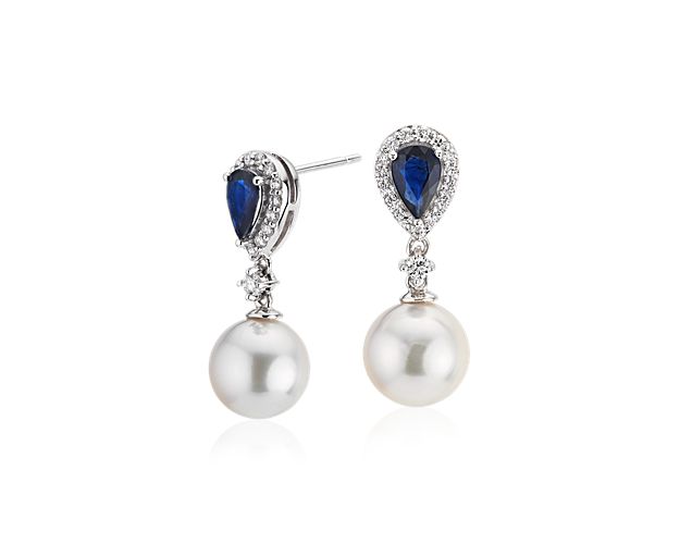 Classic Akoya Cultured Pearl Drop Earrings With Sapphire And Diamond Detail In 14k White Gold