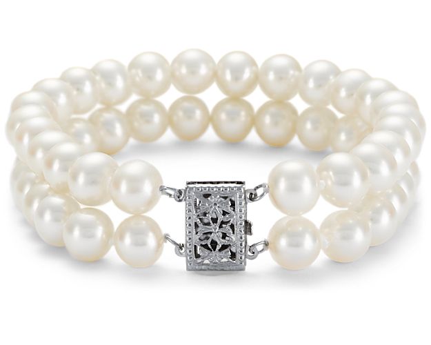 Double Strand Freshwater Cultured Pearl Bracelet In 14k White Gold 7.0 7.5mm