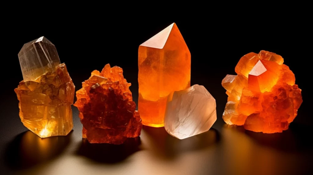 Four distinct orange crystals – Carnelian Sunstone Orange Calcite and Citrine