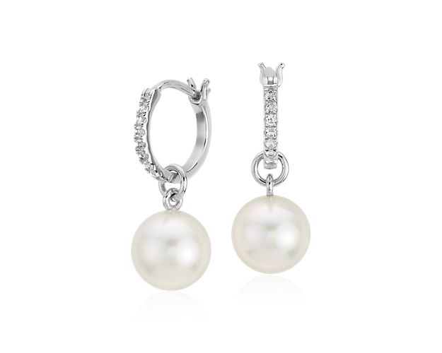 Freshwater Cultured Pearl And White Topaz Drop Hoop Earrings In Sterling Silver 9mm