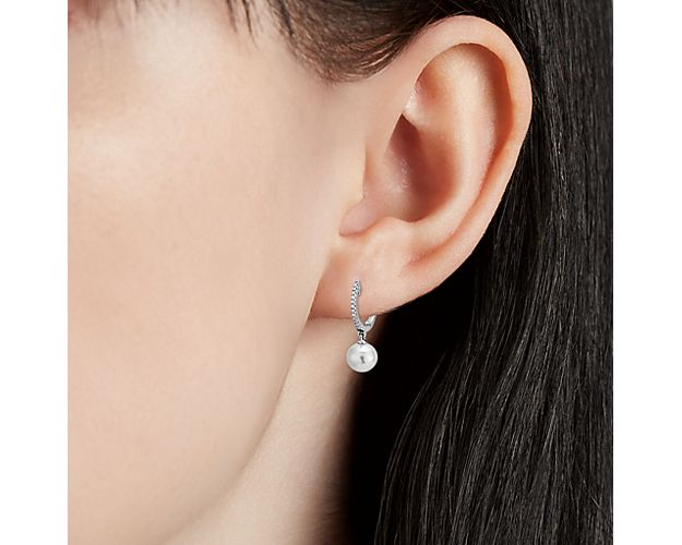 Freshwater Cultured Pearl Diamond Hoop Earrings In 14k White Gold 6.5 7mm