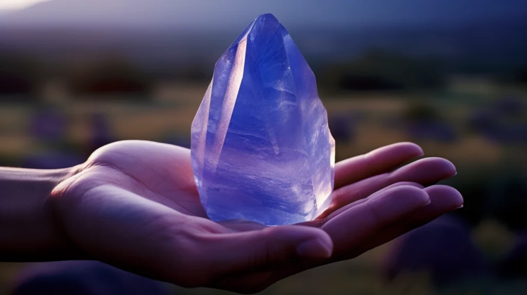 Indigo crystal in palm of a hand symbolizing its significance and closeness to human spirituality