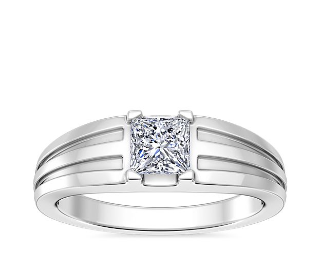 Mens Tapered Grooved Solitaire Engagement Ring In 14k White Gold