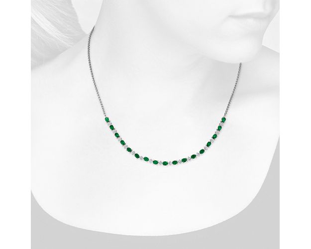 Oval Emerald And Round Diamond Necklace In 14k White Gold