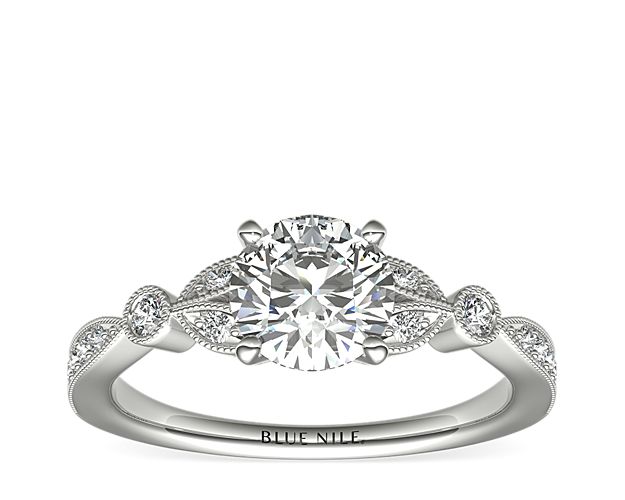Petite Vintage Pave Leaf Diamond Engagement Ring In 14k White Gold